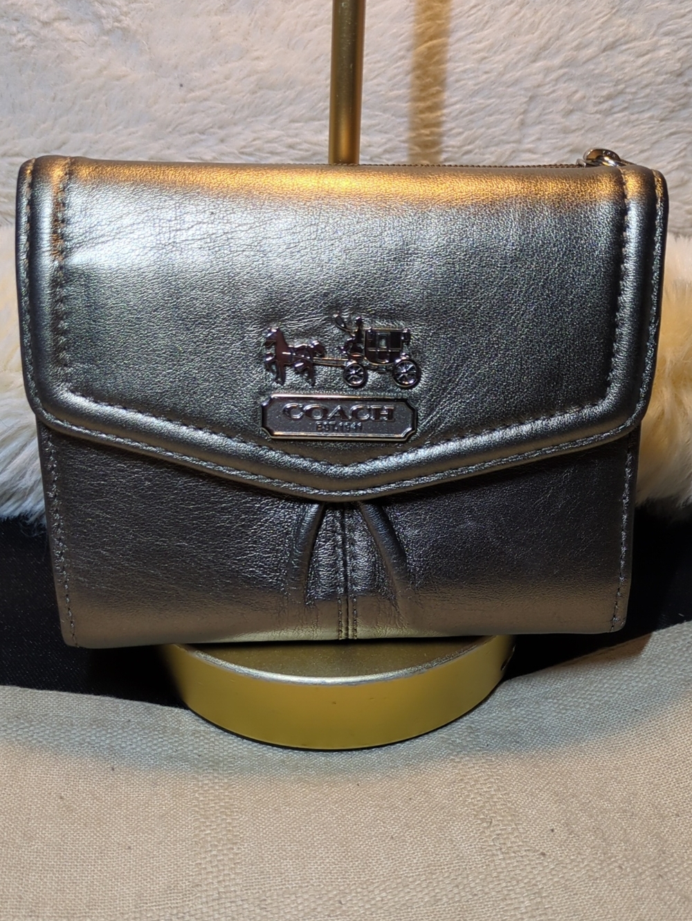 COACH Metallic Gold Leather Compact Wallet w/Carriage Logo NOW ONLY $55